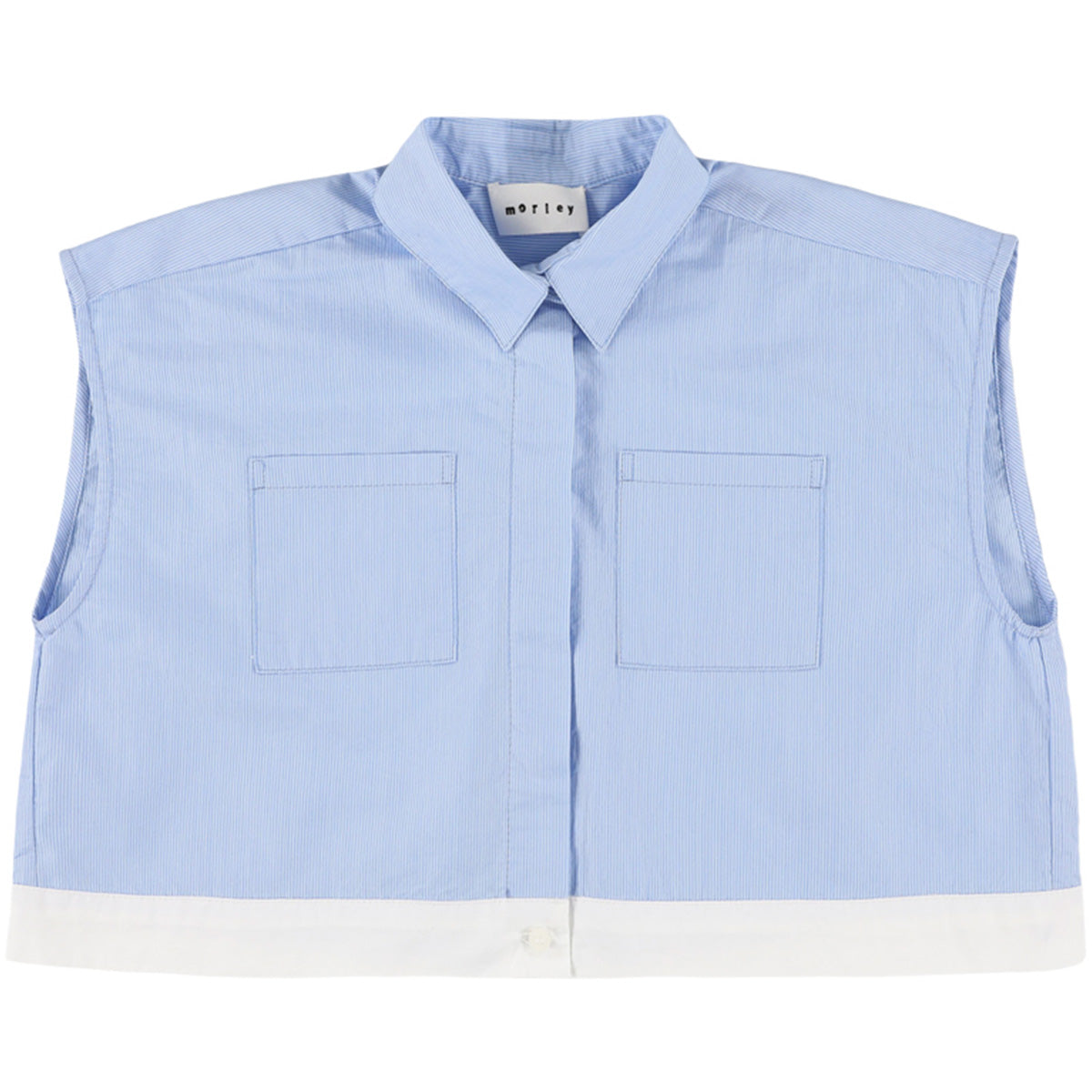 The Xirena Shirt by Morley, sleeveless blue striped shirt with collar, front pockets and white contrast hem.