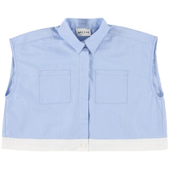 The Xirena Shirt by Morley, sleeveless blue striped shirt with collar, front pockets and white contrast hem.