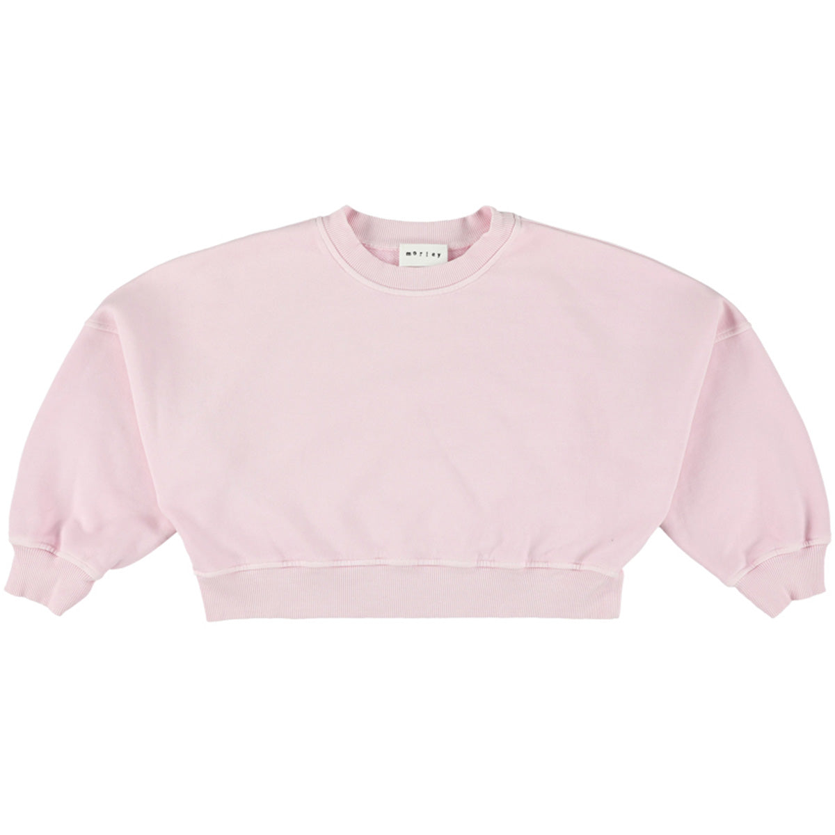 The Xixo Sweatshirt by Morley, pastel pink cropped sweatshirt with crew neck, dropped shoulders and ribbed trims.