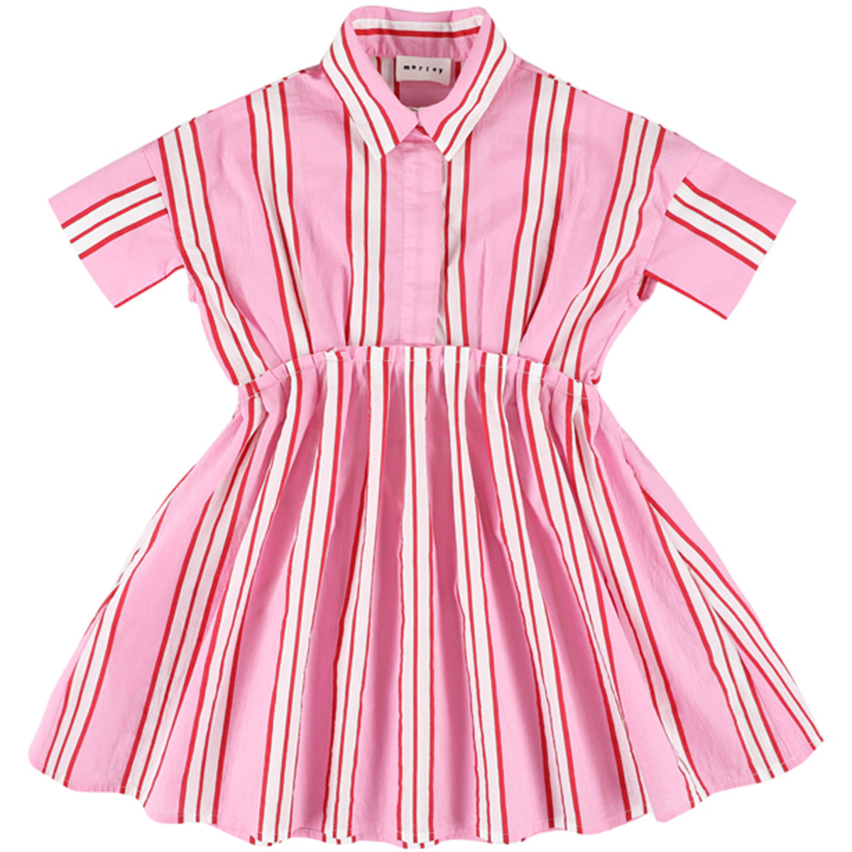 The Xoe Dress from Morley, pink striped dress with collar, short sleeves, button front, and gathered waist.