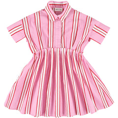 The Xoe Dress from Morley, pink striped dress with collar, short sleeves, button front, and gathered waist.