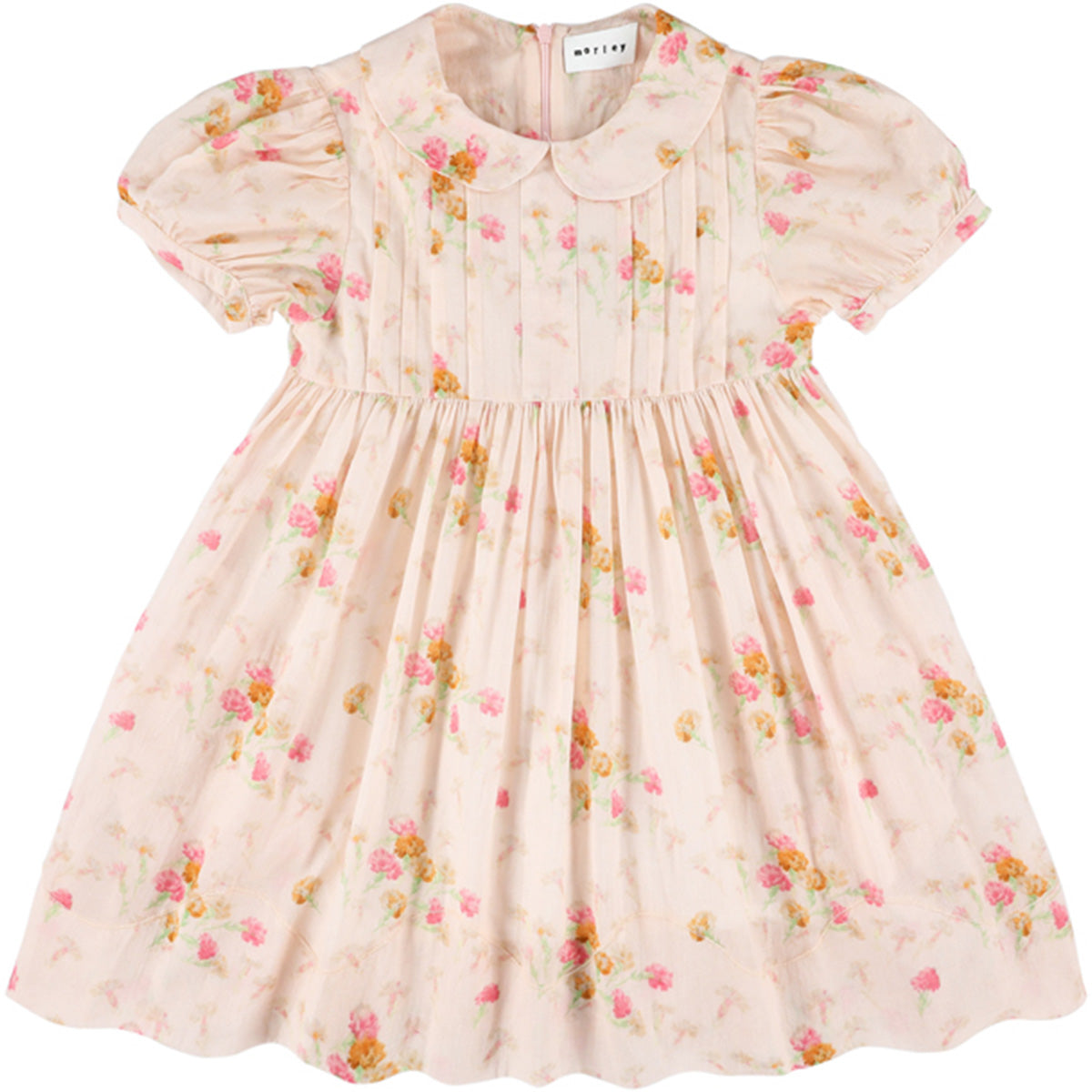 The Xori Dress from Morley, blush floral dress with Peter Pan collar, puff sleeves, pintucks, and gathered skirt.