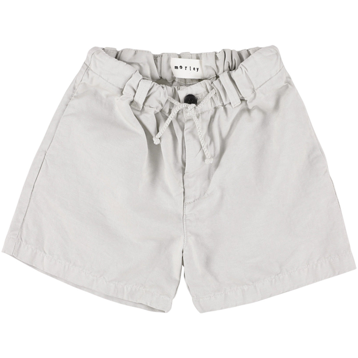 The Xuma Shorts from Morley, light grey shorts with elastic waistband, drawstring, and relaxed fit.