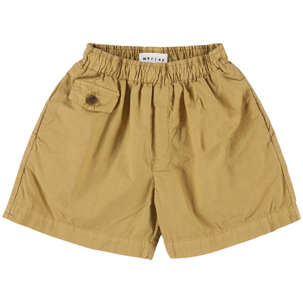 The Xyco Shorts from Morley, light beige shorts with elastic waist, button detail, side and back pockets.