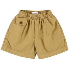 The Xyco Shorts from Morley, light beige shorts with elastic waist, button detail, side and back pockets.