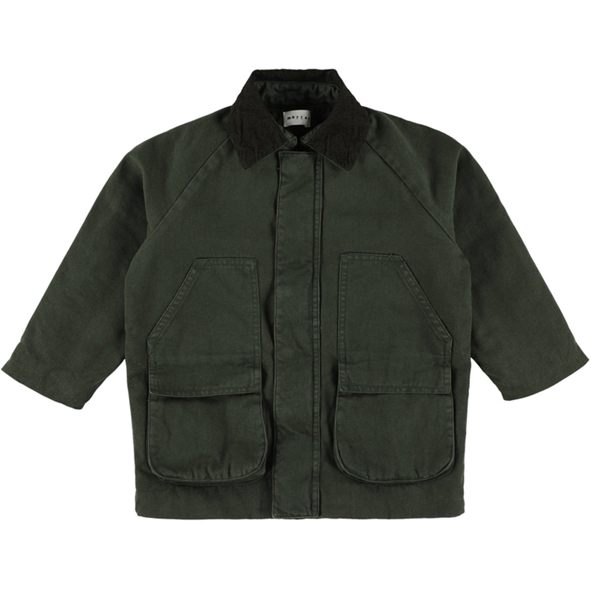 The Yacob Jacket from Morley. Dark green utility jacket with a contrasting corduroy collar.