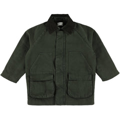 The Yacob Jacket from Morley. Dark green utility jacket with a contrasting corduroy collar.