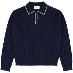 The Yan Polo Sweater from Morley. A classic navy knit polo sweater with a cozy ribbed texture, green trim collar.