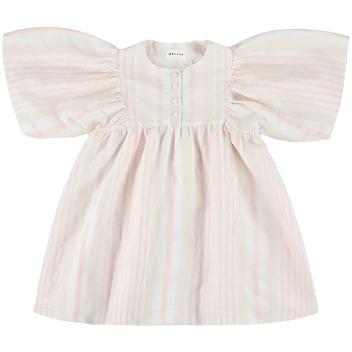 Morley Ydol Dress baby dress with button front, wide sleeves, gathered waist, lightweight breathable fabric.