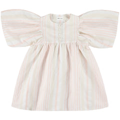 Morley Ydol Dress baby dress with button front, wide sleeves, gathered waist, lightweight breathable fabric.