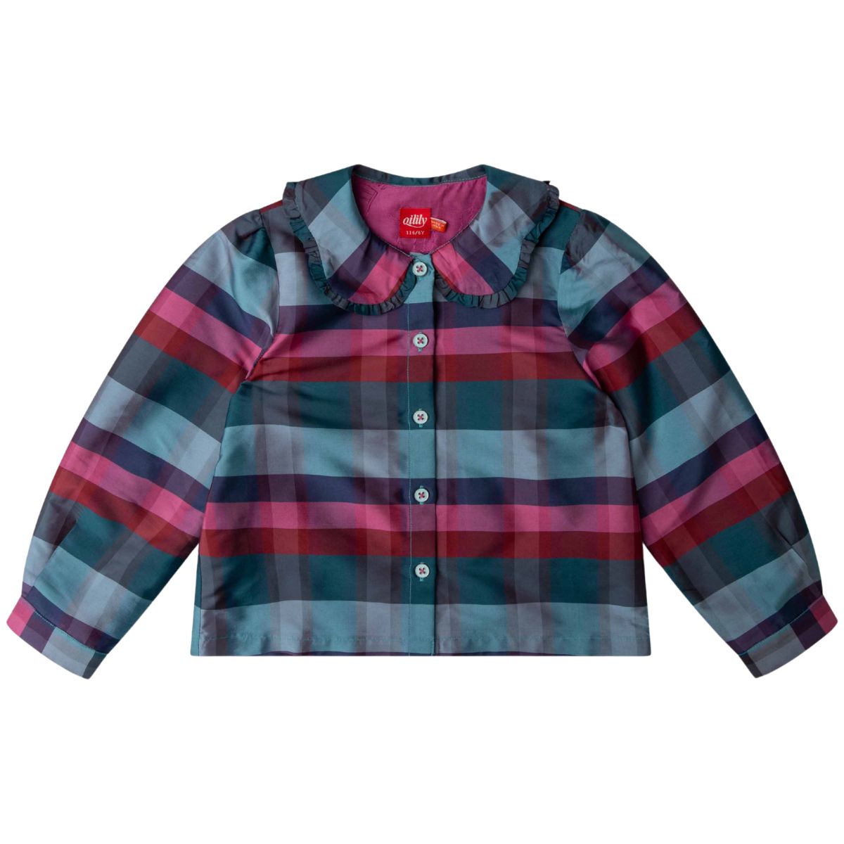 The Bon Plaid Blouse from Oilily, plaid long-sleeve blouse with ruffled Peter Pan collar and button front.