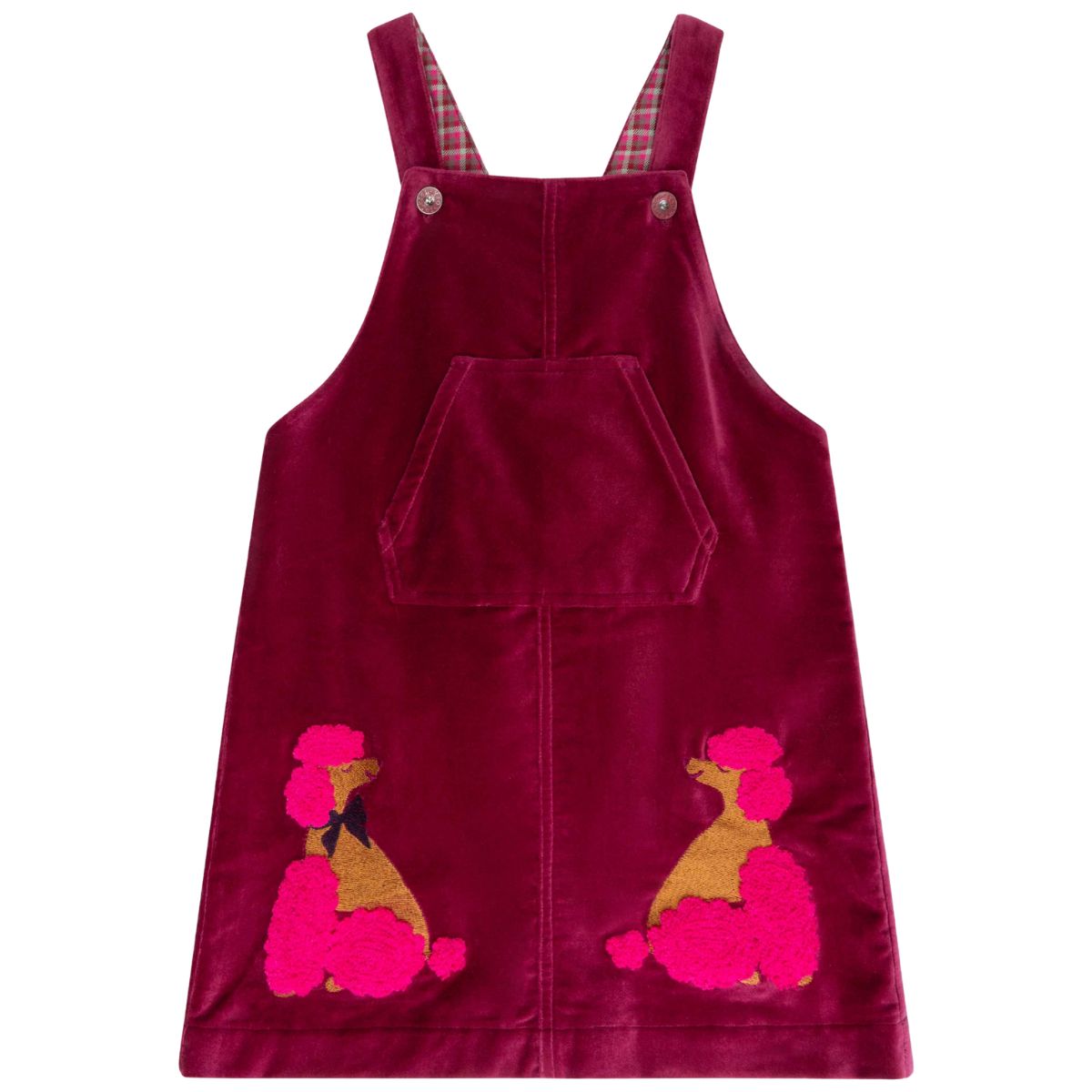Oilily Doodles Poodle Overall Dress in velvet with embroidered poodles, front pocket and adjustable straps.