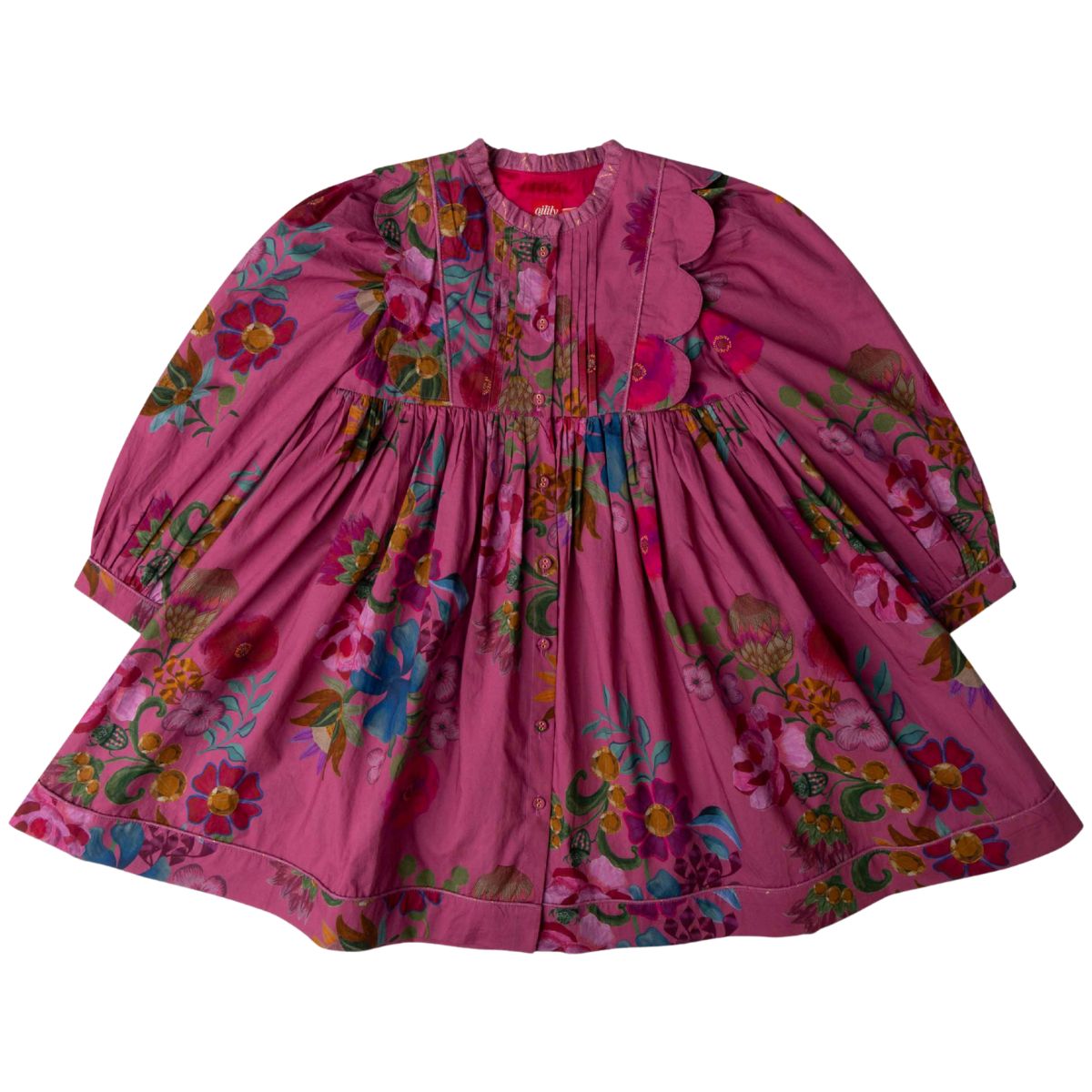 The Douce Botanique Dress from Oilily, long-sleeve floral dress with pintuck details and gathered skirt.