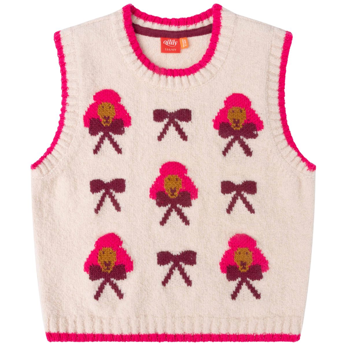 The Karolina Poodle Sweater Vest from Oilily, cosy knit vest with poodle and bow motifs and crew neckline.