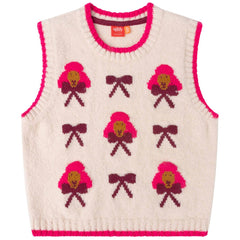 The Karolina Poodle Sweater Vest from Oilily, cosy knit vest with poodle and bow motifs and crew neckline.