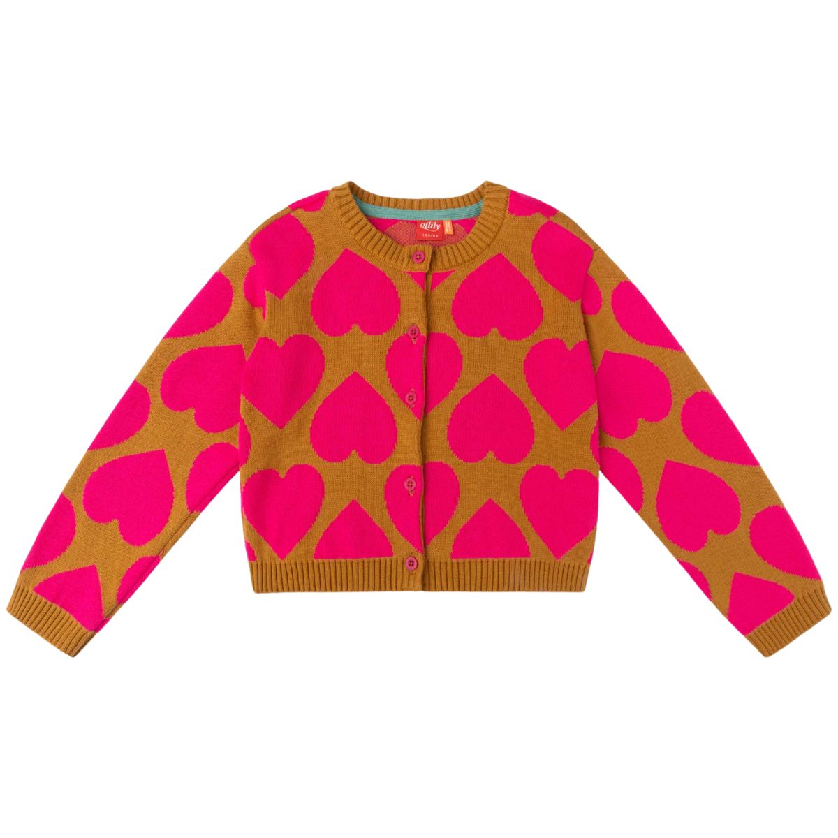 The Vie Heart Cardigan from Oilily, knit cardigan with all-over heart pattern, button front and ribbed trims.