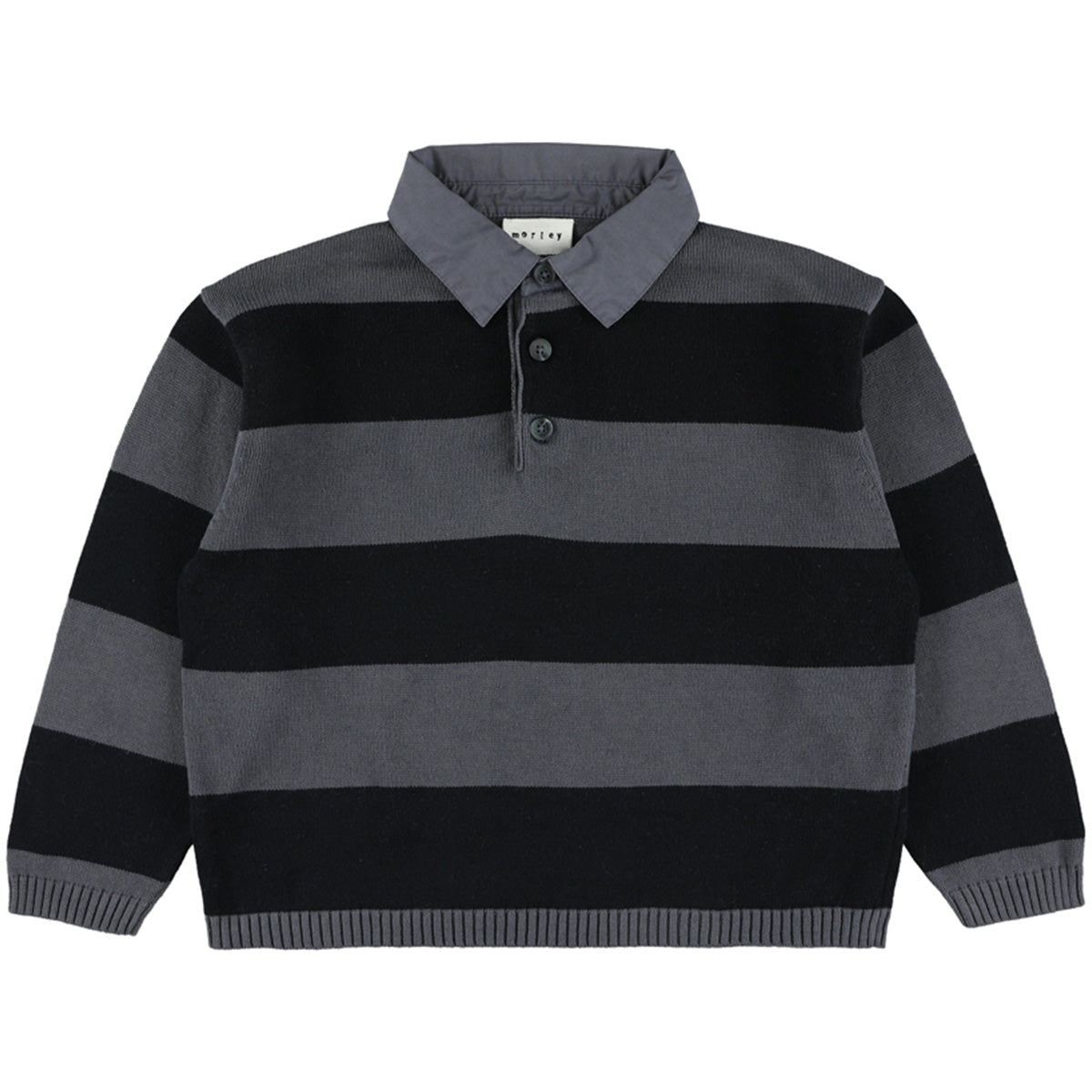 The Ygloo Knitted Striped Polo from Morley. Striped rugby-style knit sweater in dark grey and black. 