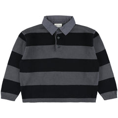The Ygloo Knitted Striped Polo from Morley. Striped rugby-style knit sweater in dark grey and black. 