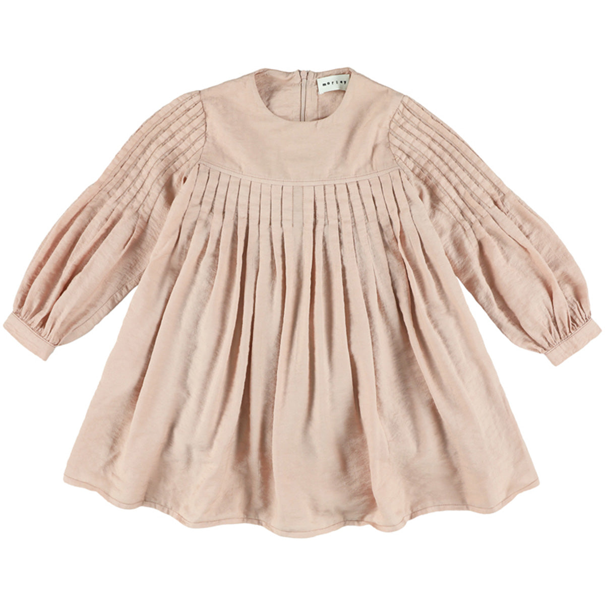 Yndia Dress by Morley. This pale rose dress features a round neckline, pleated bodice, and voluminous long sleeves.