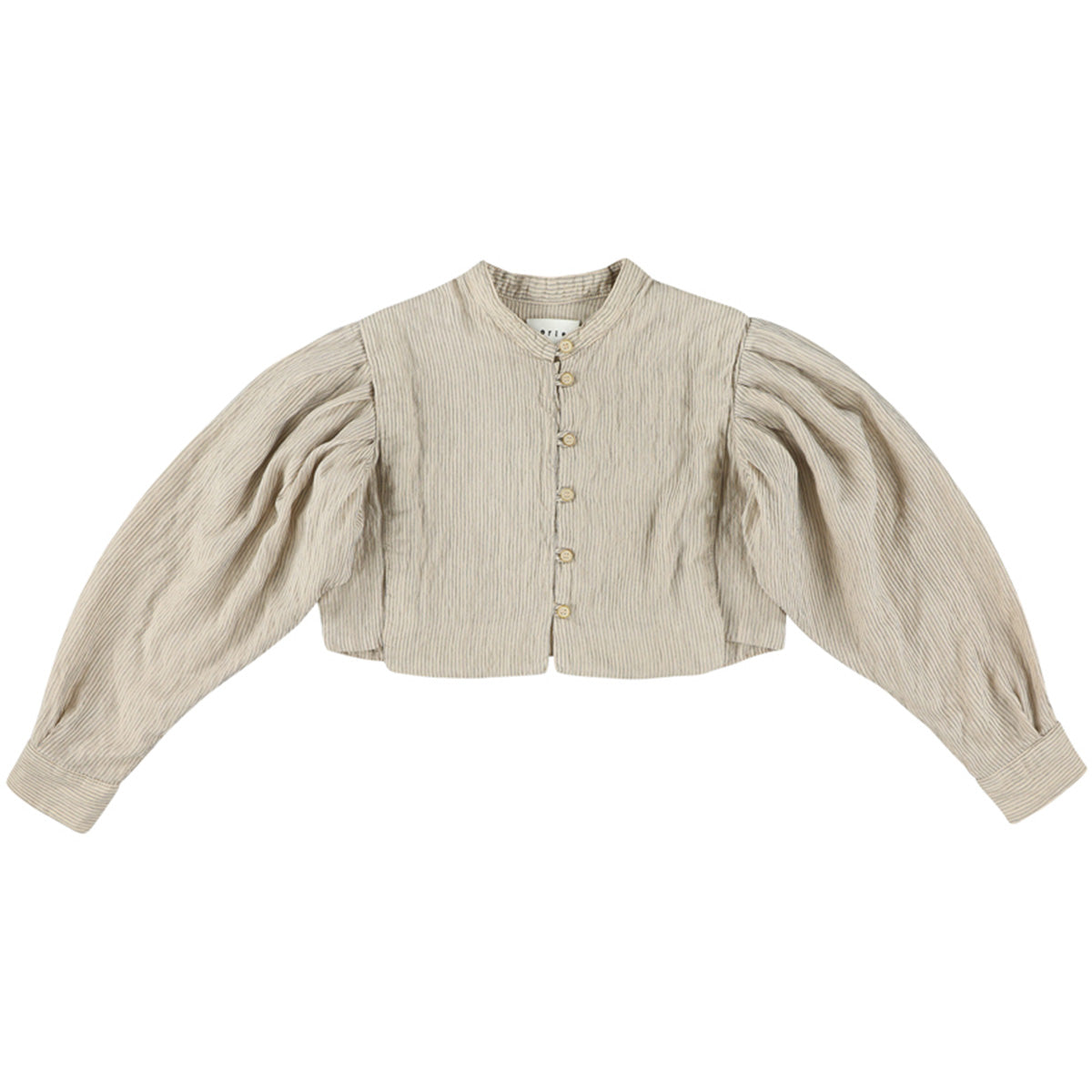 The Yndigo Cropped Shirt from Morley. A stylish, beige blouse with a delicate pinstripe pattern.