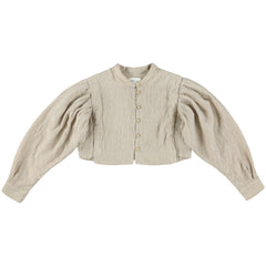 The Yndigo Cropped Shirt from Morley. A stylish, beige blouse with a delicate pinstripe pattern.