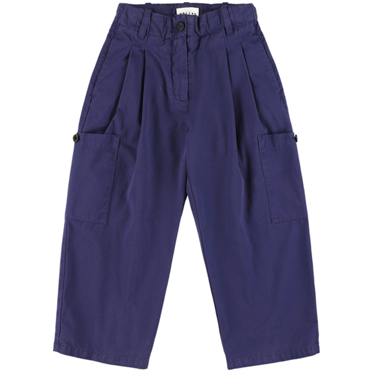 The Ynk Pants from Morley. Loose-fit navy capri pants with front pleats, side cargo pockets.