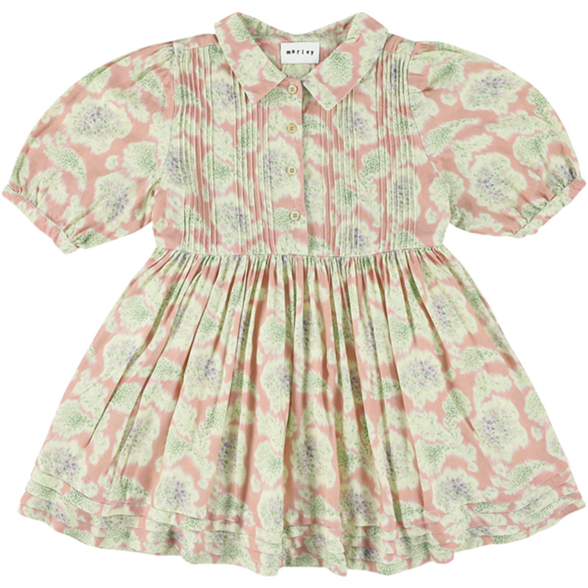 The Yrma Dress from Morley. This floral dress in soft rose features a classic collar, button front, and pintuck detailing.