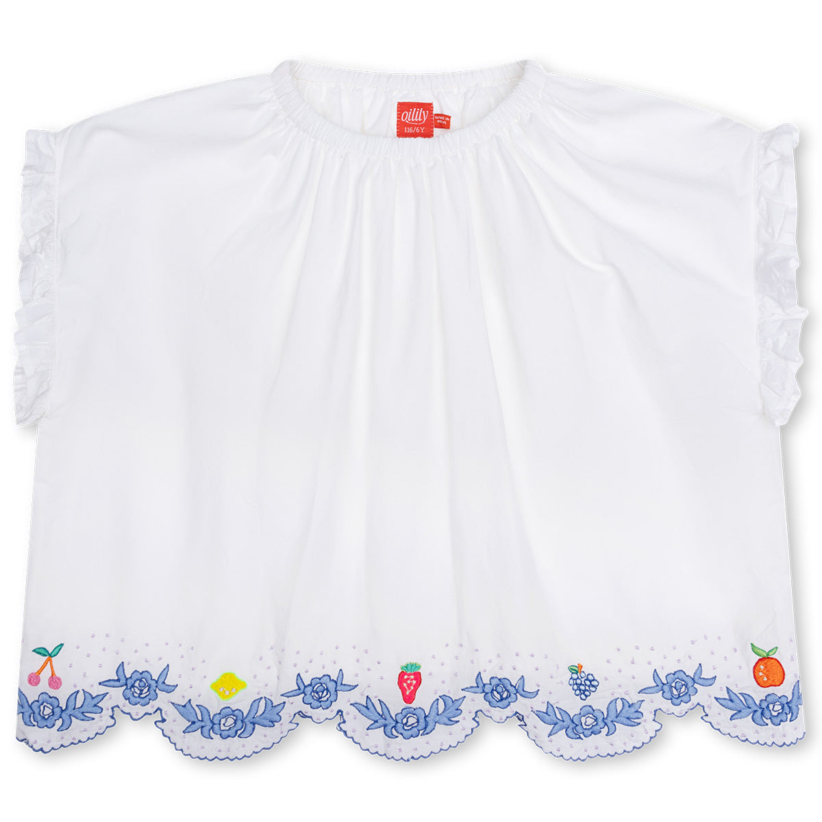 The Bazar Blouse from Oilily. This is a lovely white blouse with delicate ruffled sleeves and a gathered neckline. 