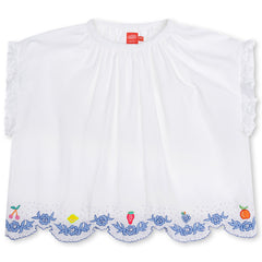 The Bazar Blouse from Oilily. This is a lovely white blouse with delicate ruffled sleeves and a gathered neckline. 