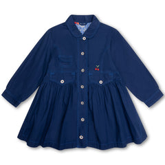 The Catootje Coat from Oilily. A charming navy-blue dress with a button-down front, cherry embroidery and multiple pockets.