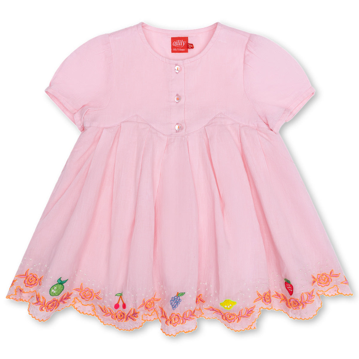 The Desia Dress from Oilily. Featuring a soft, flowy silhouette, short sleeves, and a buttoned front.