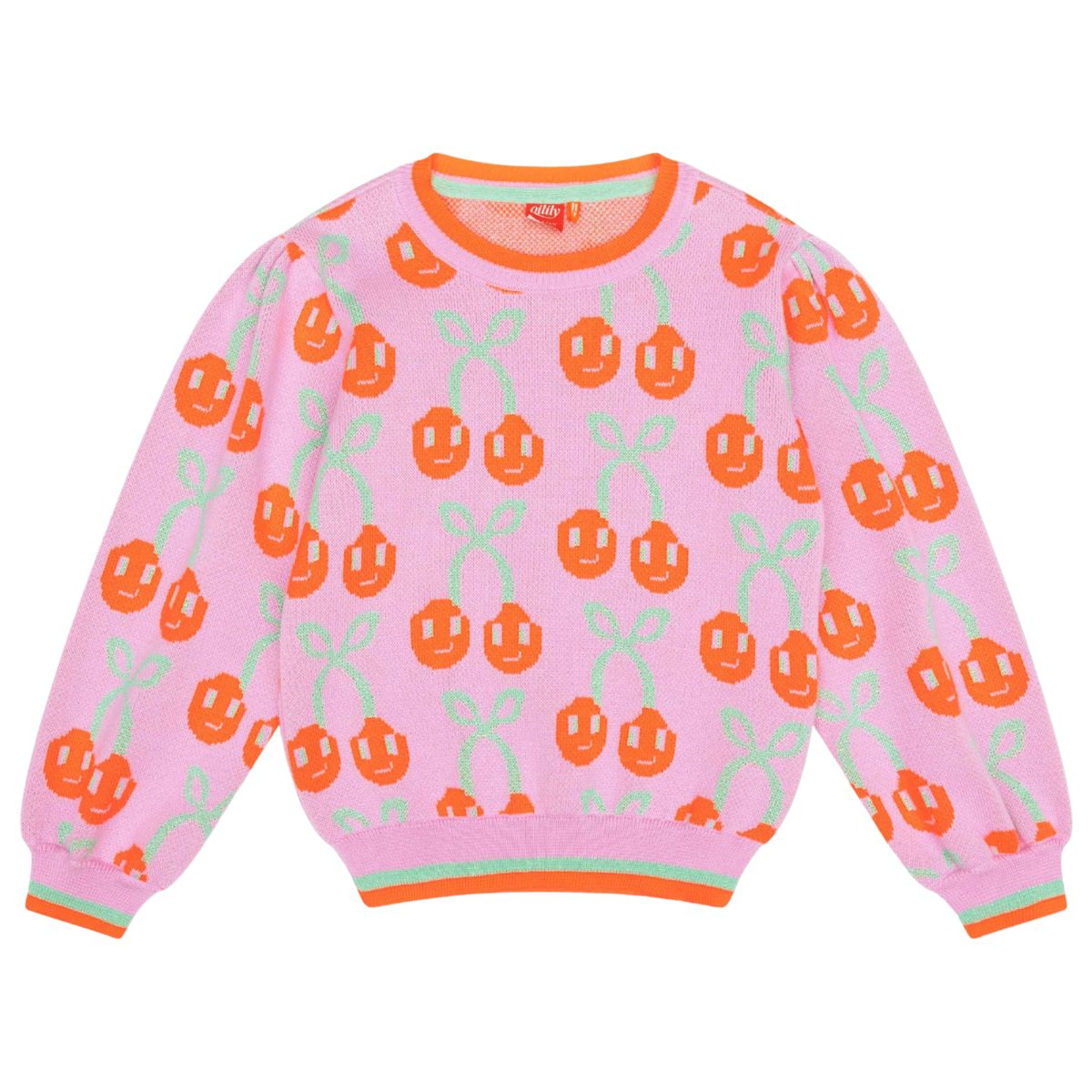 The Kersje Pullover from Oilily. Jacquard knitted jumper with green glitter yarn and shiny cherries all over.