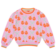 The Kersje Pullover from Oilily. Jacquard knitted jumper with green glitter yarn and shiny cherries all over.