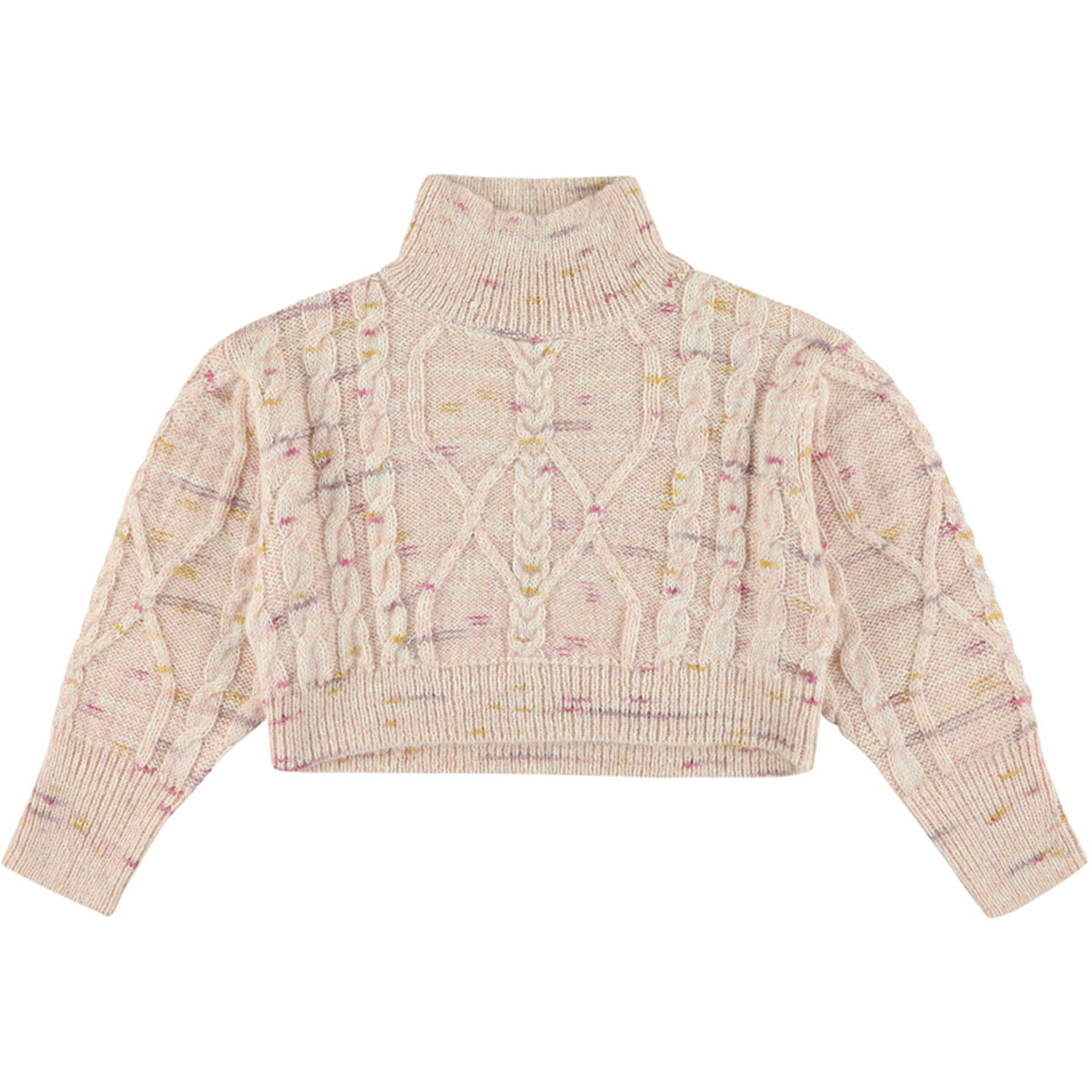The Ysolde Sweater from Morley. A cozy kids’ knitted sweater featuring a high neck, cable knit pattern.