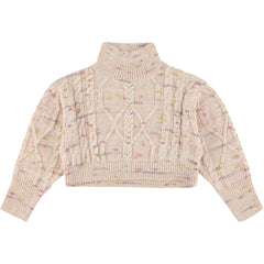 The Ysolde Sweater from Morley. A cozy kids’ knitted sweater featuring a high neck, cable knit pattern.