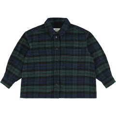 The Yver Shirt from Morley. A soft, classic plaid flannel shirt in deep green and navy. 