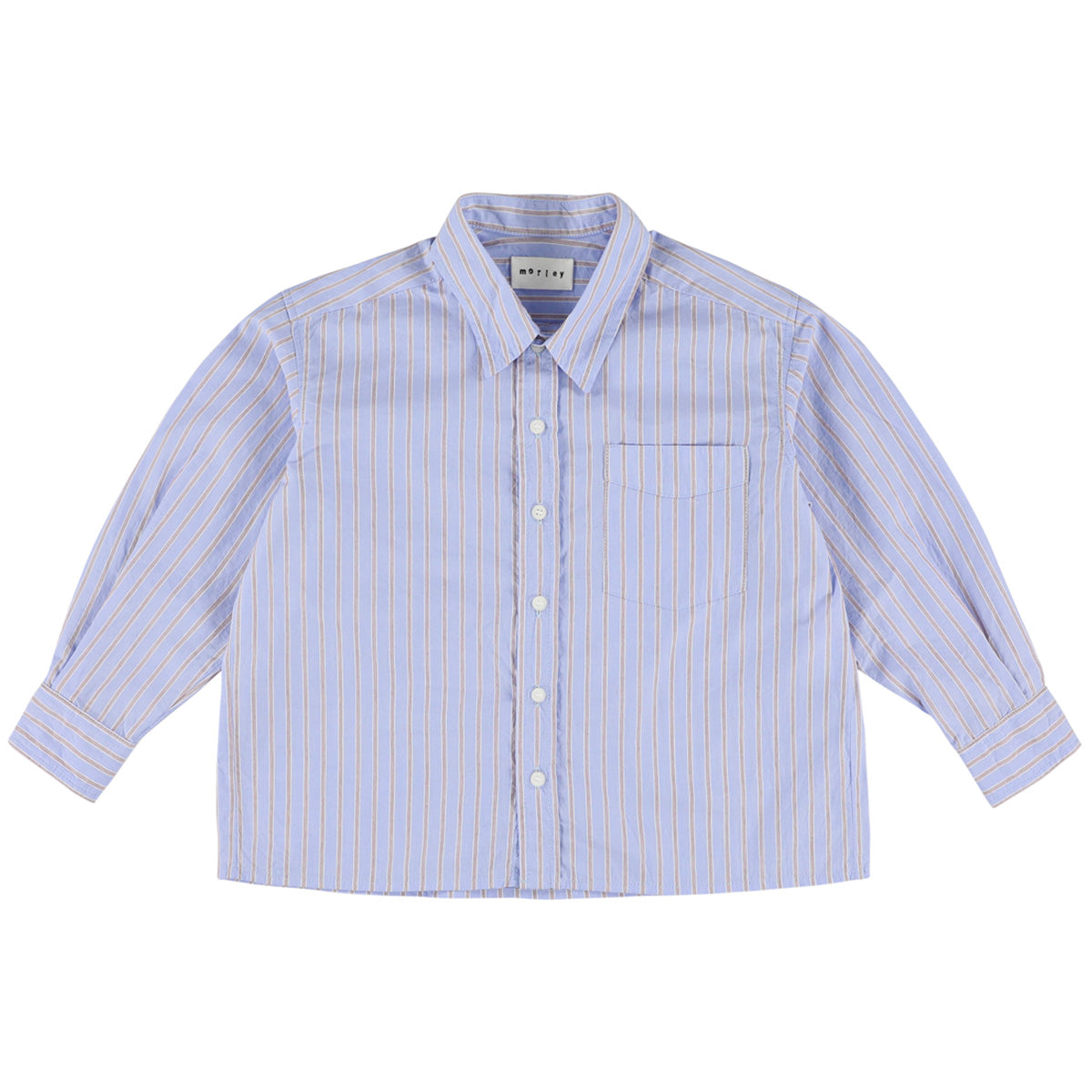 The Yver Shirt from Morley featuring a striped pattern, button-up front, chest pocket, and long sleeves.