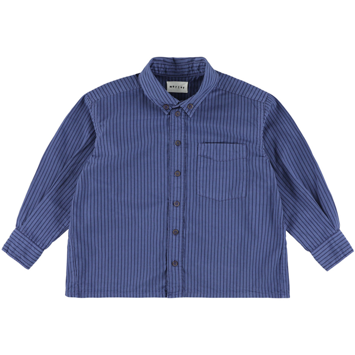 The Yver Shirt from Morley. A versatile button-down shirt in a deep denim-blue with a classic pinstripe pattern.