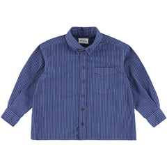The Yver Shirt from Morley. A versatile button-down shirt in a deep denim-blue with a classic pinstripe pattern.