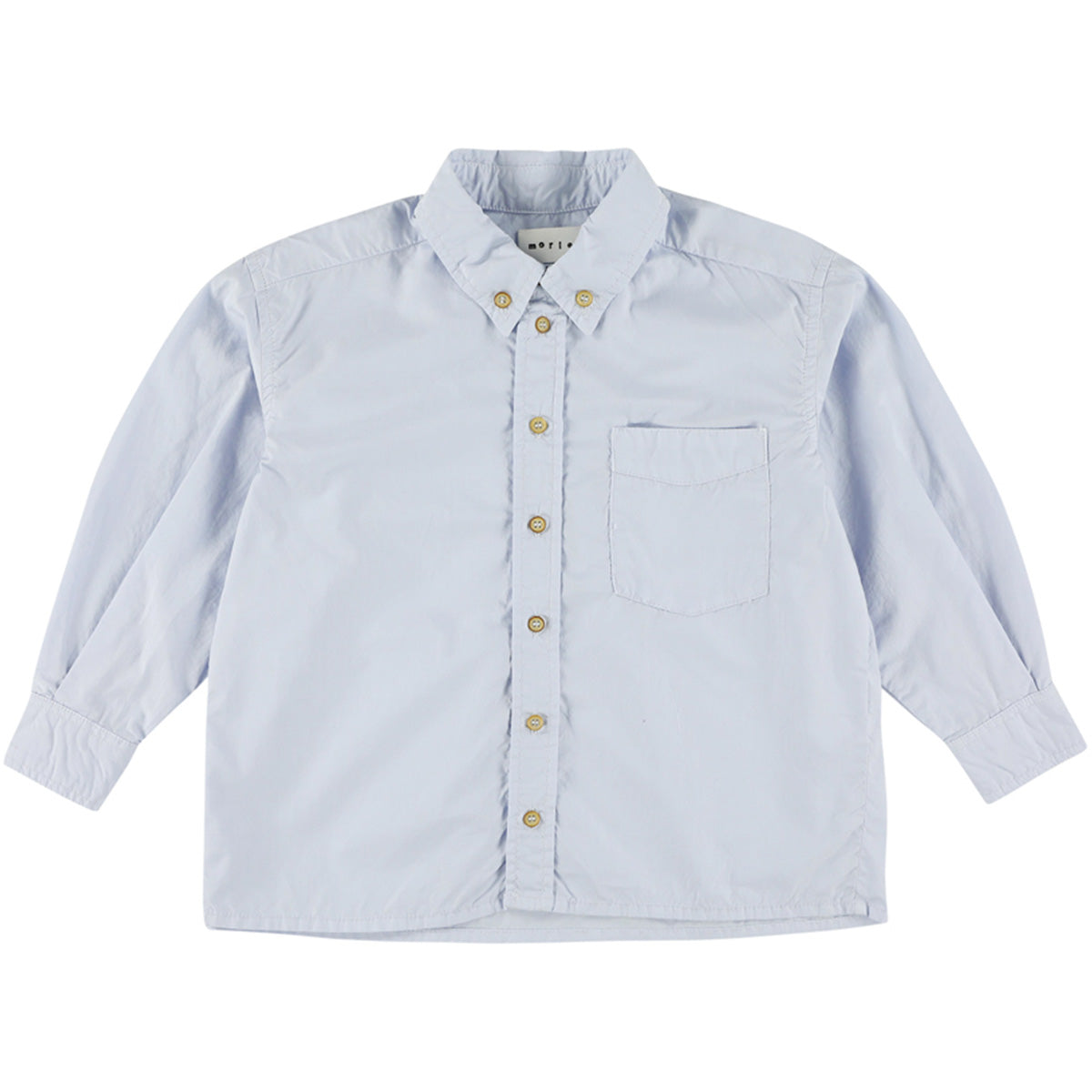 Yver Shirt by Morley. A light blue button-down shirt with a smooth finish. It has a buttoned collar and a single chest pocket.