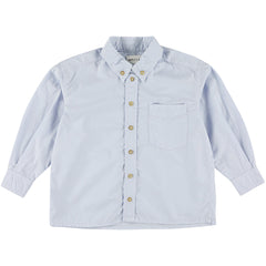 Yver Shirt by Morley. A light blue button-down shirt with a smooth finish. It has a buttoned collar and a single chest pocket.