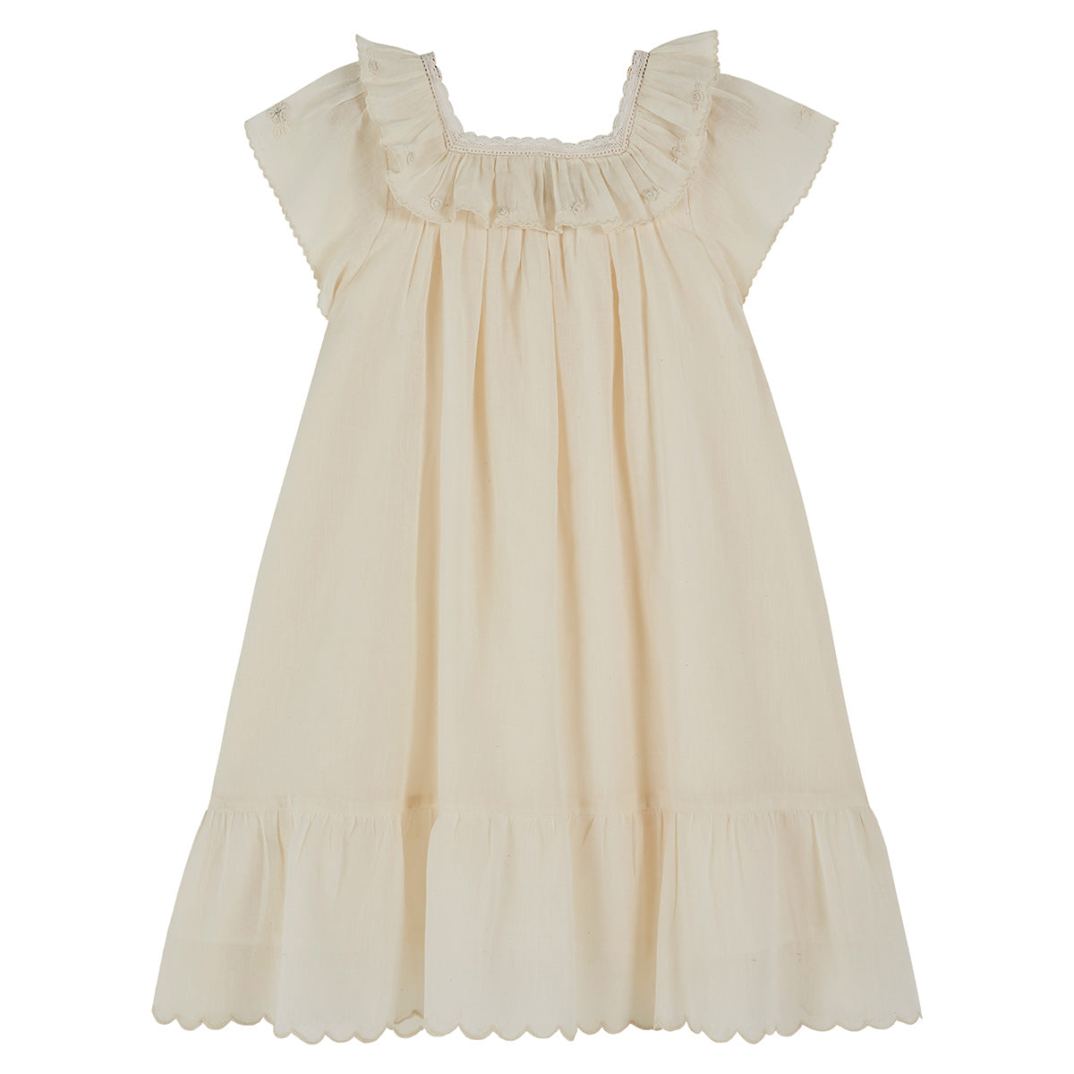 The Vintage Chantilly Dress from Emile et Ida. Dress in unbleached cotton gauze. A ribbon of fine lace underlined