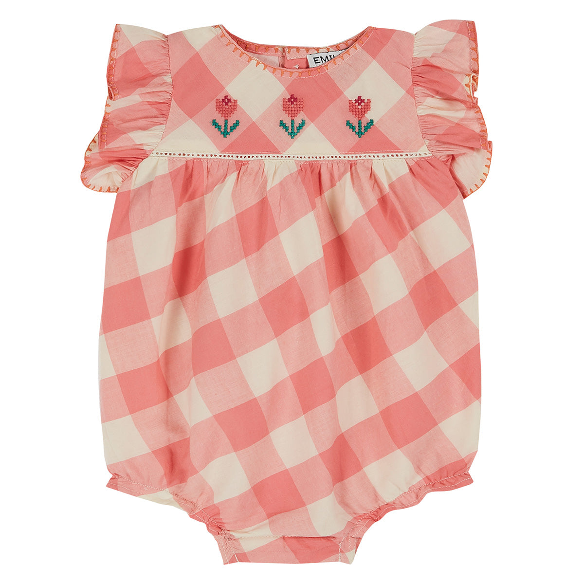 The Rebrode Combibloomer from Emile et Ida. Combibloomer in gingham cotton with large candy-pink and ecru checks.