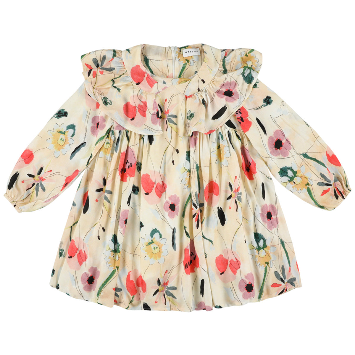 The Zabel Dress from Morley in cream floral print with a wide ruffle collar and long elastic-cuff sleeves.