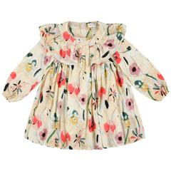 The Zabel Dress from Morley in cream floral print with a wide ruffle collar and long elastic-cuff sleeves.
