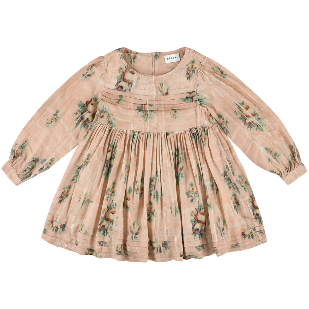 Zakia Dress by Morley in dusty peach-beige with floral butterfly print and smocked bodice.
