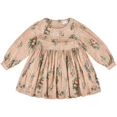 Zakia Dress by Morley in dusty peach-beige with floral butterfly print and smocked bodice.