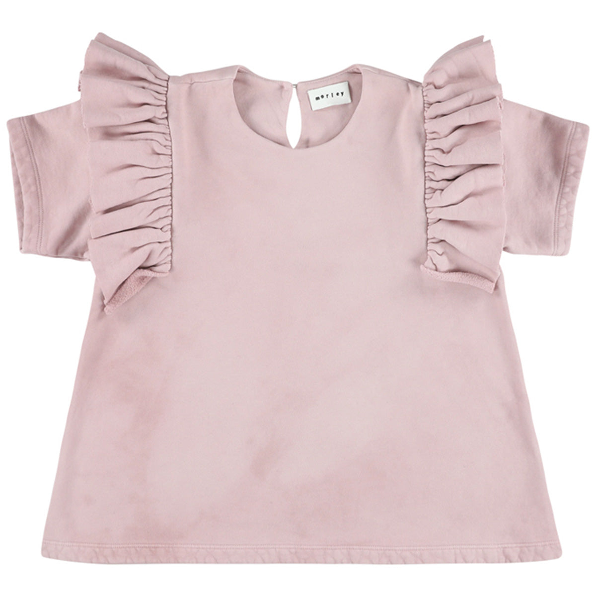 Zambia Dress by Morley in dusty pink with ruffled shoulders and keyhole neckline.