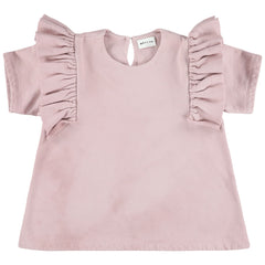 Zambia Dress by Morley in dusty pink with ruffled shoulders and keyhole neckline.