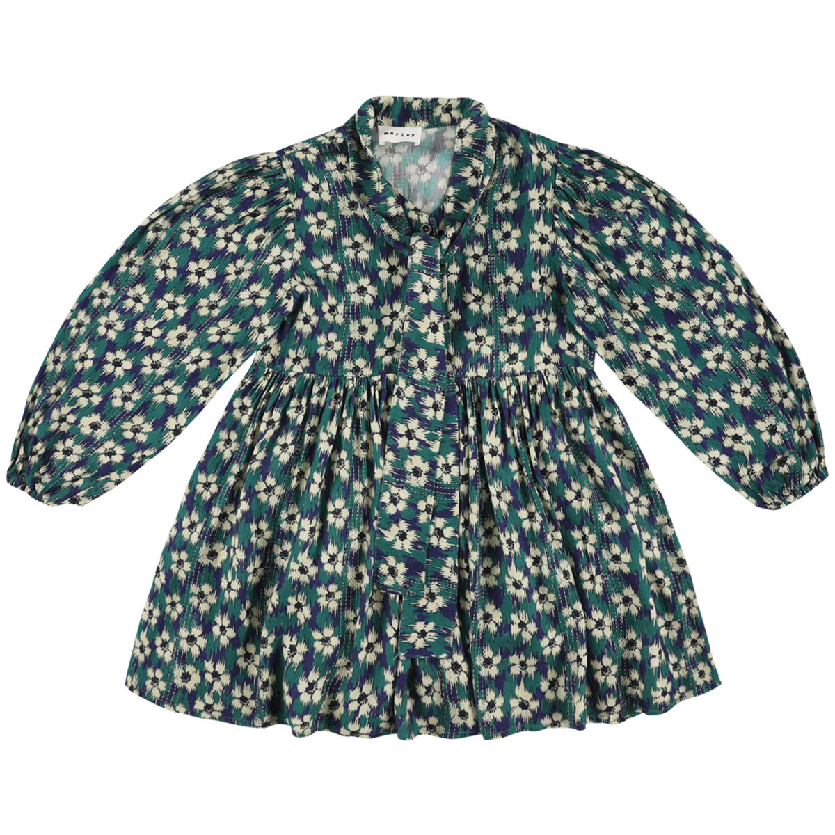 Zas Dress by Morley in dark teal-green with pleated texture and floral print.
